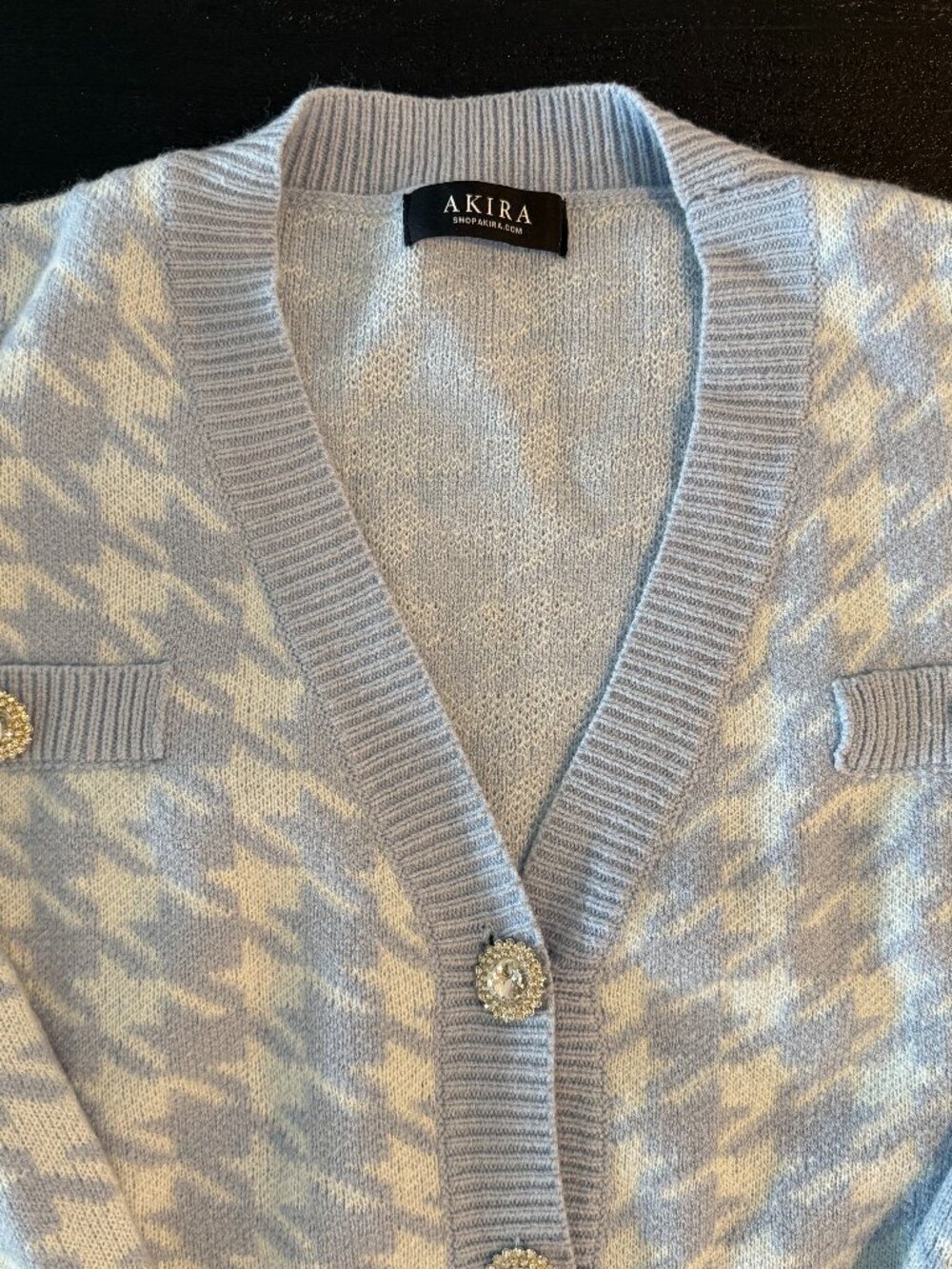 AKIRA Cropped Cardigan Blue Houndstooth Jeweled Buttons Size L - Picture 2 of 4